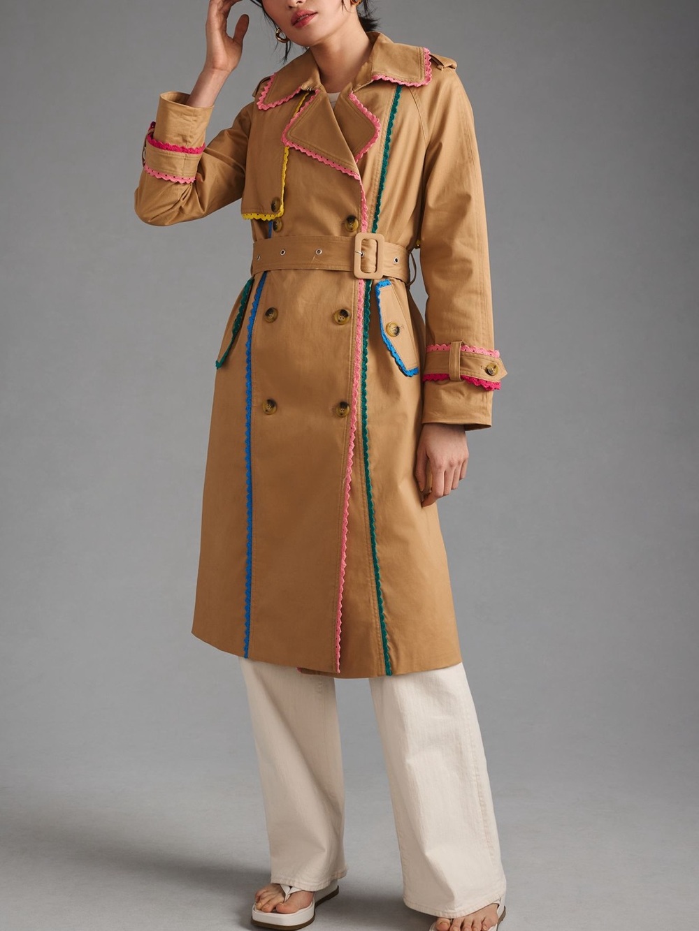 7 For All Mankind Tan Trench Coat with Pink, Blue & Yellow Trim 100% Cotton - Picture 2 of 6